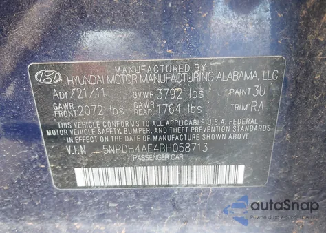 2011 Hyundai Elantra Gls from USA, damaged, VIN 5NPDH4AE4BH058713